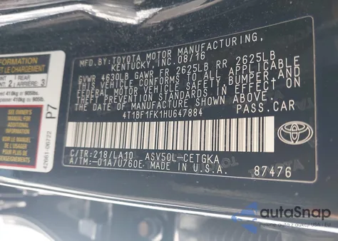 2017 Toyota Camry Xle from USA, damaged, VIN 4T1BF1FK1HU647884
